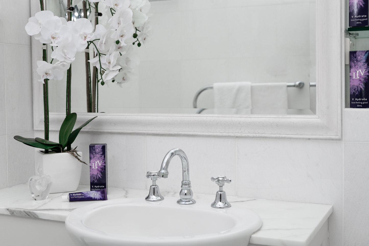LYV V-Hydrate on a marble bathroom vanity