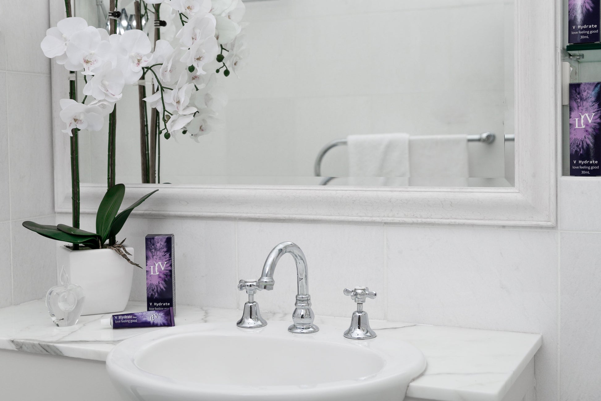 LYV V-Hydrate on a marble bathroom vanity